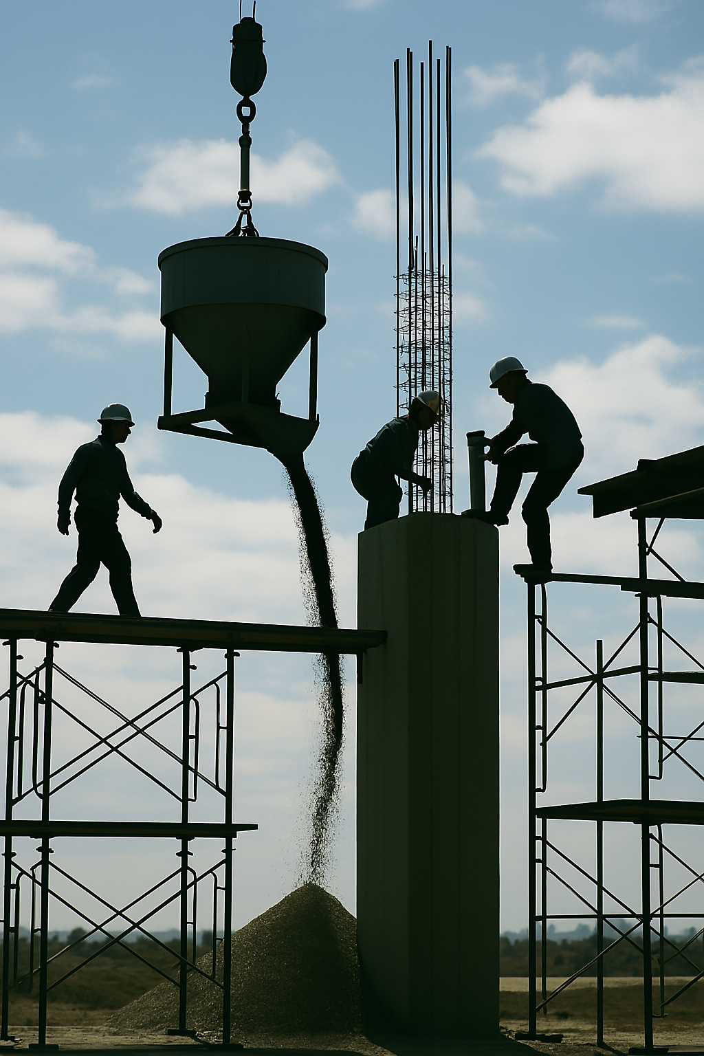 Construction workers pouring concrete from crane-lifted bucket