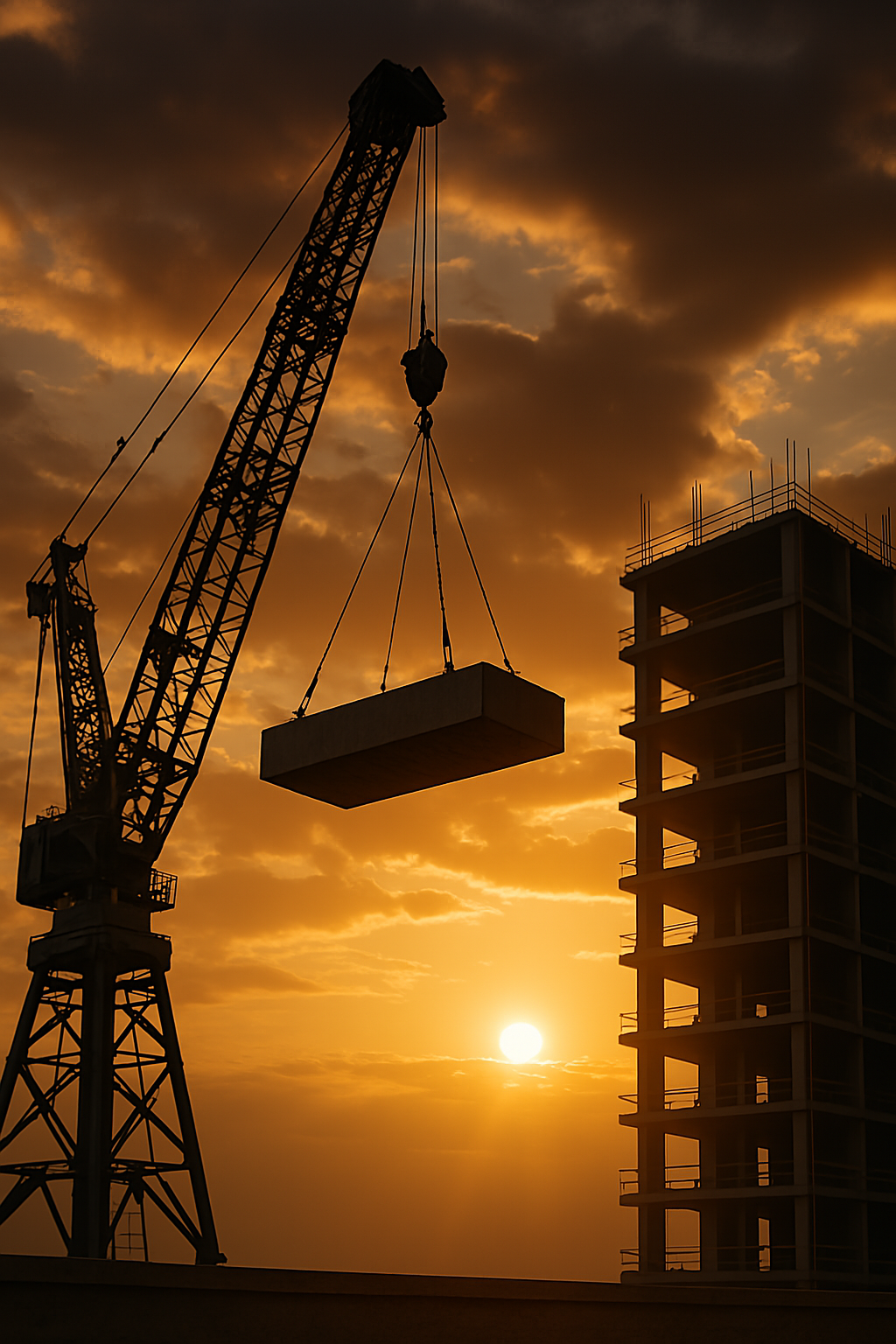 Construction crane and building site at sunset