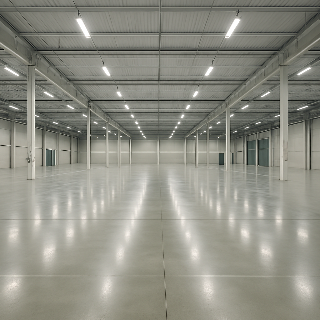 Clean industrial warehouse facility with polished floors and professional lighting