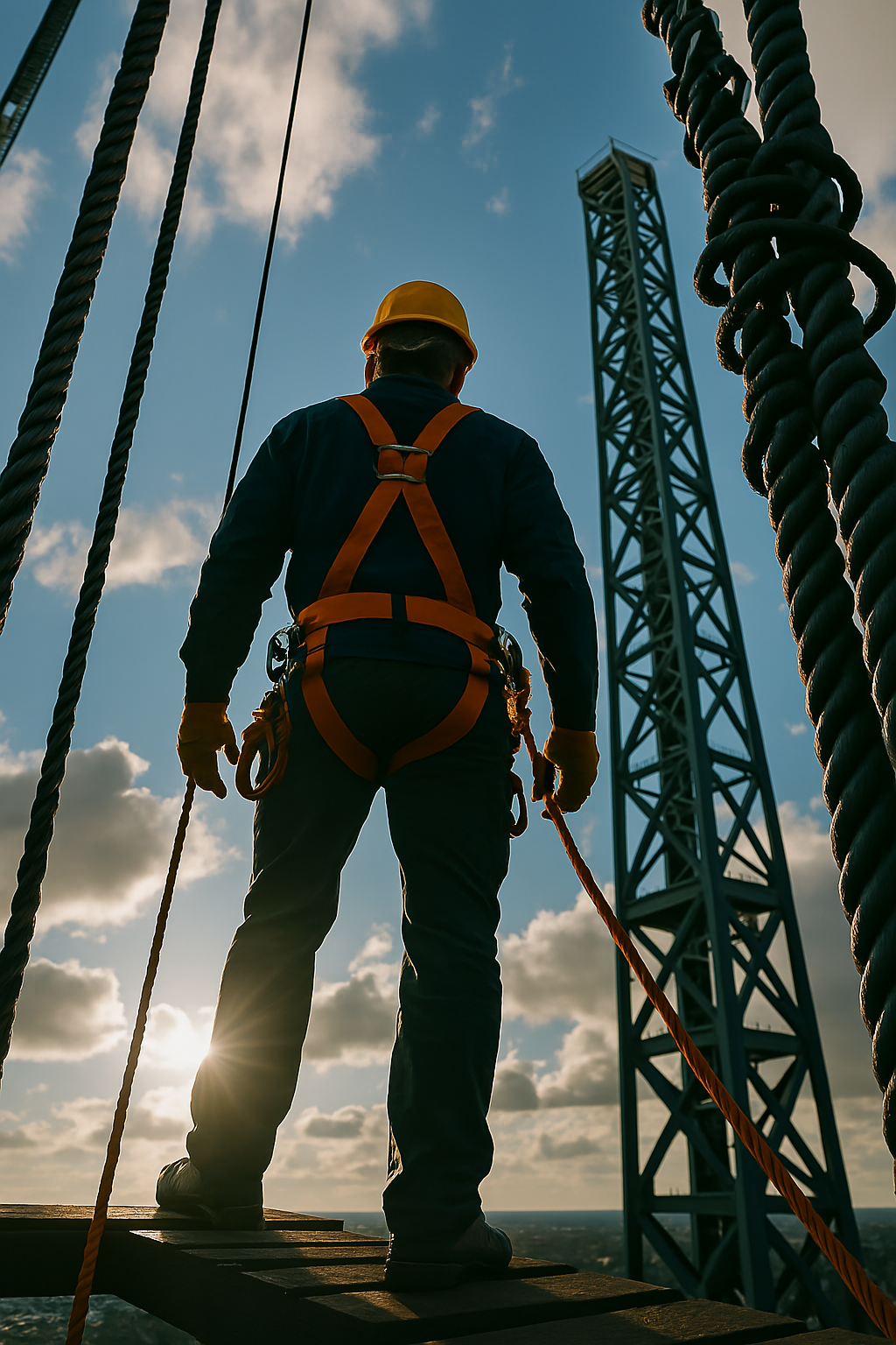 Professional height work specialist with safety equipment on construction site